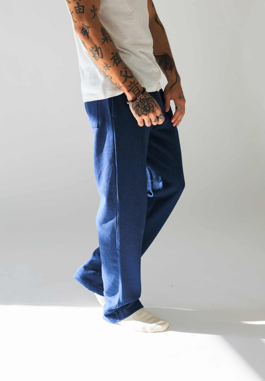 Men's navy hemp pants made from organic cotton french terry fabric with elastic waist and drawstring