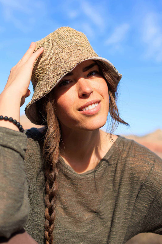 Handmade Nepal Hat Hemp Material Construction Traditional Craftsmanship Methods Breathable Cotton Lined Interior Eco Friendly Fashion Accessory Sustainable Fiber Headwear Unisex Bucket Style Design Summer Outdoor Protection Natural Material