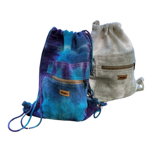 Handmade durable hemp drawstring bag with zippered pocket, eco-friendly and lightweight for gym and travel.