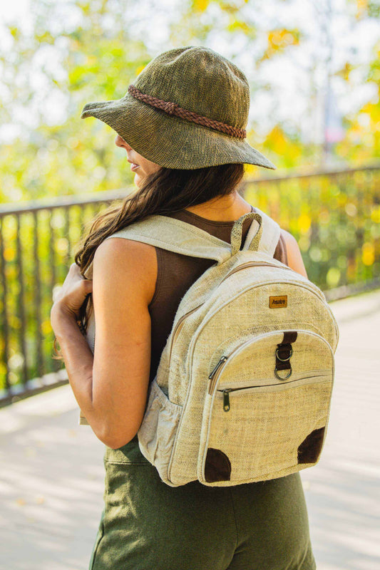 Handmade Himalayan hemp backpack with eco-friendly, lightweight design and multiple zipped compartments