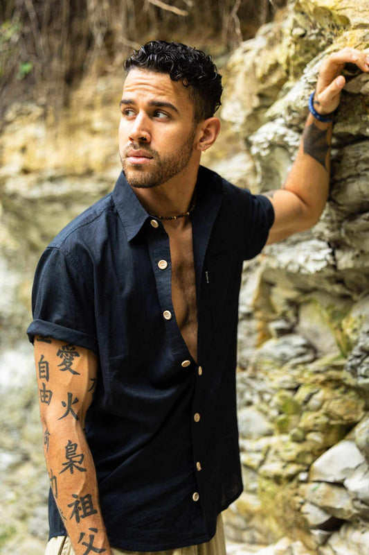 Men's eco-friendly hemp and cotton camp shirt with wood buttons and pocket labeled "HEMP"