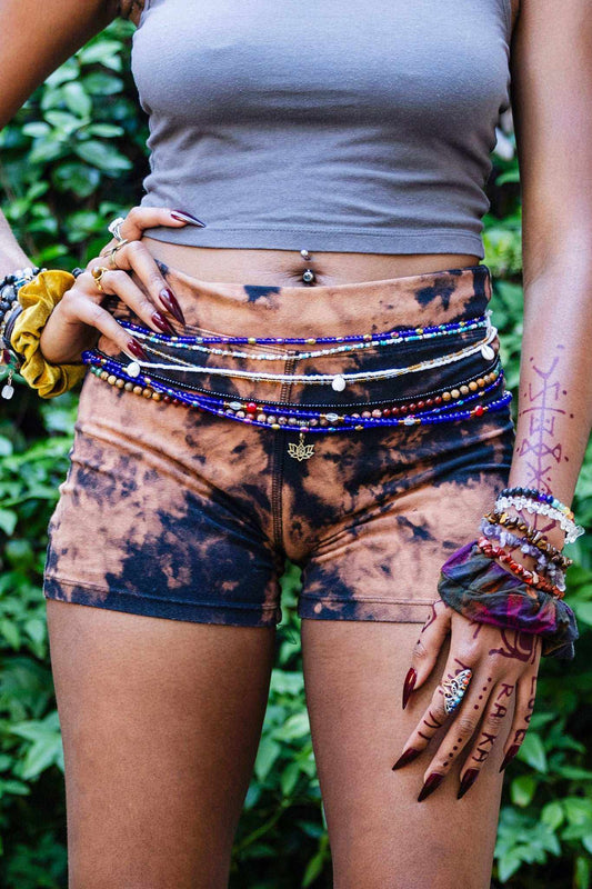 Tie dye hemp casual active 3-inch shorts with a fitted style and yoga-type waistband.