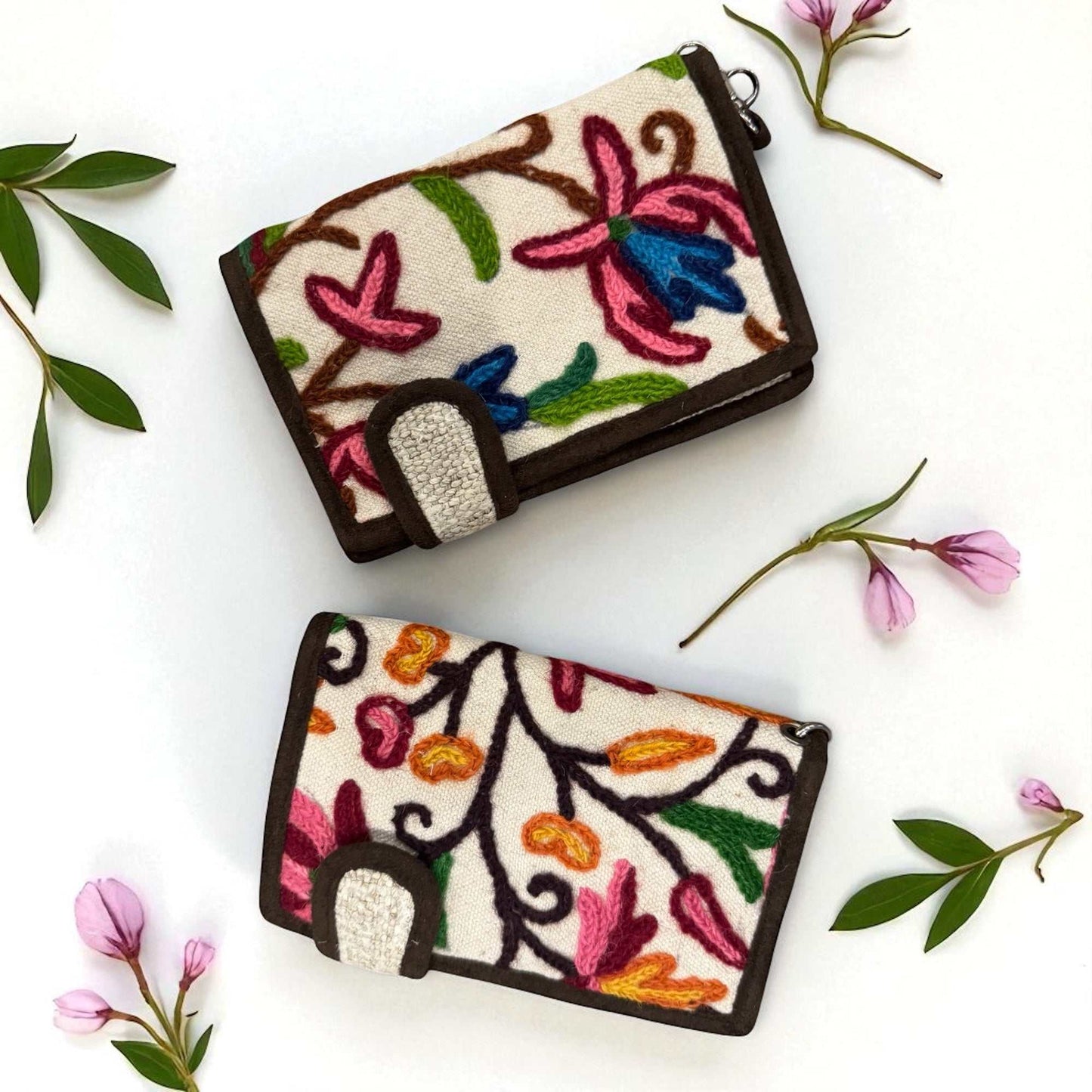 Handmade hemp bi-fold wallet with colorful floral embroidery on eco-friendly cotton fabric by Asatre