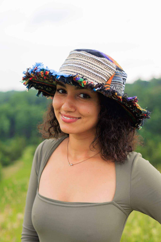 Handmade eco-friendly patchwork hat with wide foldable brim made of hemp and organic cotton