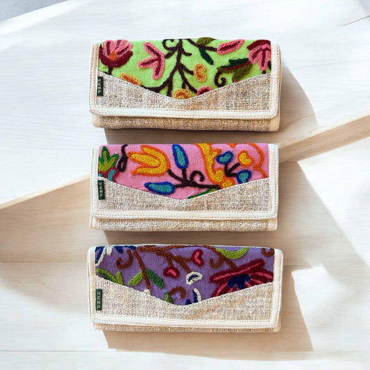 Handmade Wallet Embroidered Design Floral Pattern Detail Trifold Hemp Construction Sustainable Material Choice Vegan Friendly Accessory Bohemian Style Element Everyday Carrying Solution Artisan Crafted Quality Unique Gift Option Practical