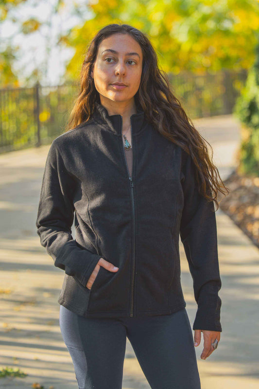 Women's black hemp fleece zip jacket with mandarin collar and vertical pockets