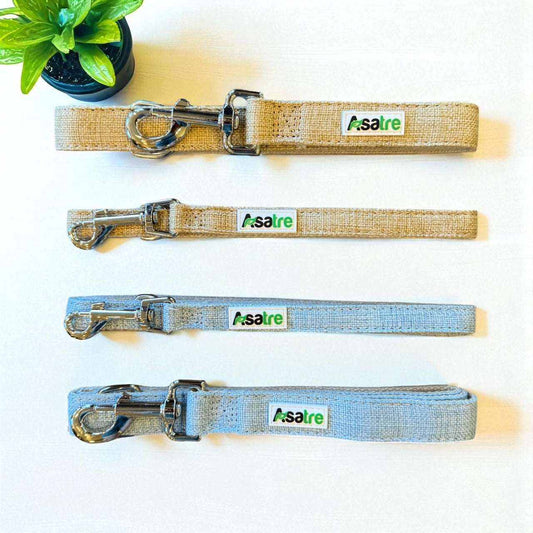 eco-friendly hemp cotton dog leash in beige and denim blue with metal hook and welded D-ring