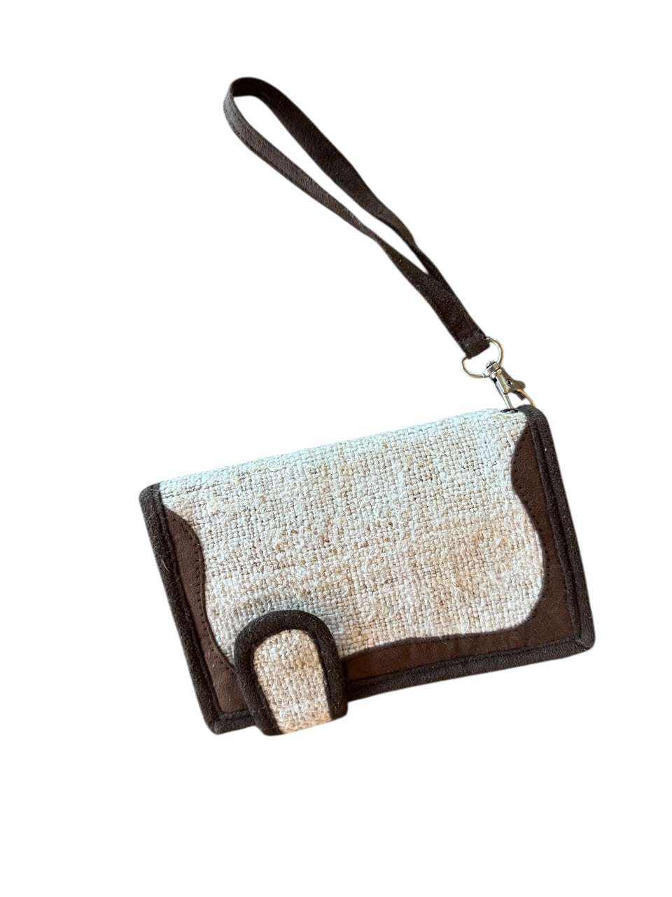 Women’s hemp small bi-fold wallet with wrist strap, eco-friendly handmade design, compact and durable for cards and cash storage