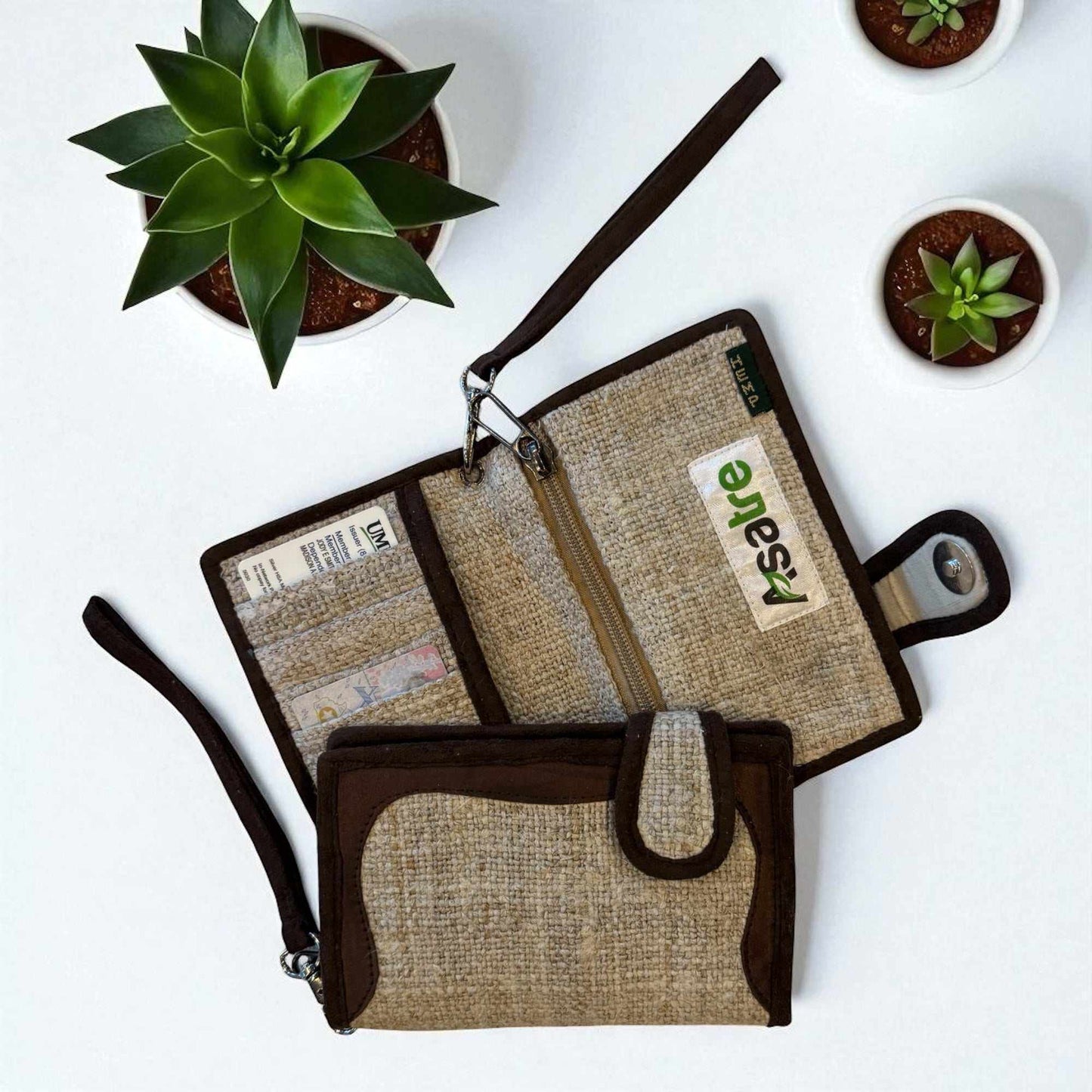 Women’s hemp small bi-fold wallet handmade with eco-friendly natural fibers, featuring multiple compartments and a slim design