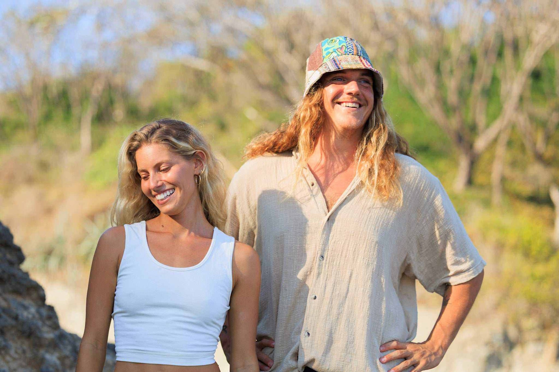 Eco-friendly hemp patchwork bucket hat worn outdoors.
