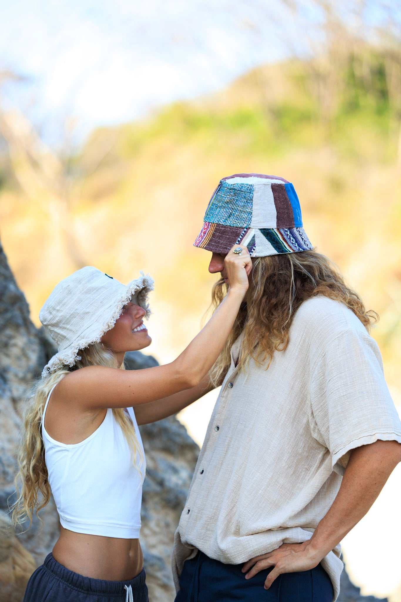 Eco-friendly hemp patchwork bucket hat worn outdoors.