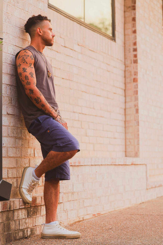 Hemp cargo shorts made from breathable sustainable organic cotton linen blend with multiple pockets and adjustable waistband