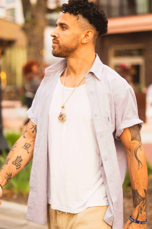 Sustainable Menswear Hemp Cotton Blend Shirt Mens Camp Style Button Down Design Eco Friendly Summer Clothing Lightweight Breathable Fabric Wood Buttons Chest Pocket Labeled Hemp Everyday Wardrobe Essential Casual Dinner Wear Comfortable Fit