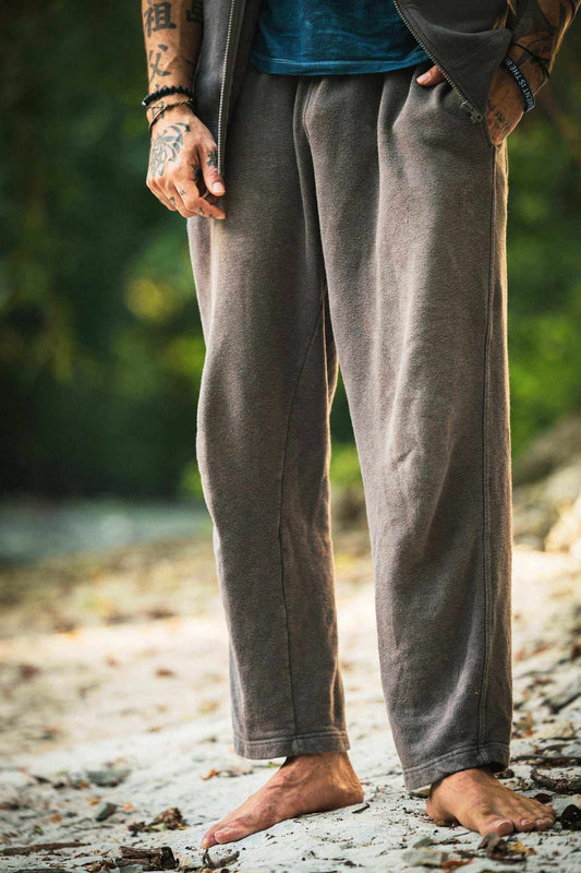Hemp Sweatpants in charcoal gray fleece with a soft, slightly mottled texture and relaxed straight legs
