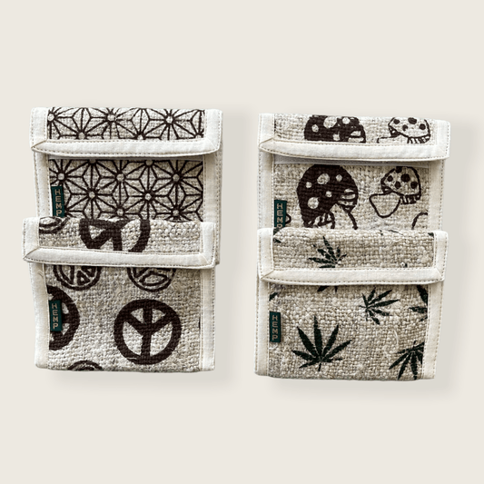 Hemp bi-fold wallet with mushroom print and eco-friendly design, handmade in Nepal.