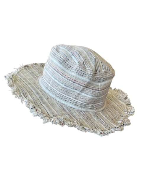 Handmade hemp linen sun hat with wide brim in neutral stripes, eco-friendly and breathable.