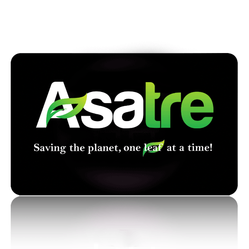 Asatre hemp clothing gift card with eco-friendly logo and slogan Saving the planet, one leaf at a time