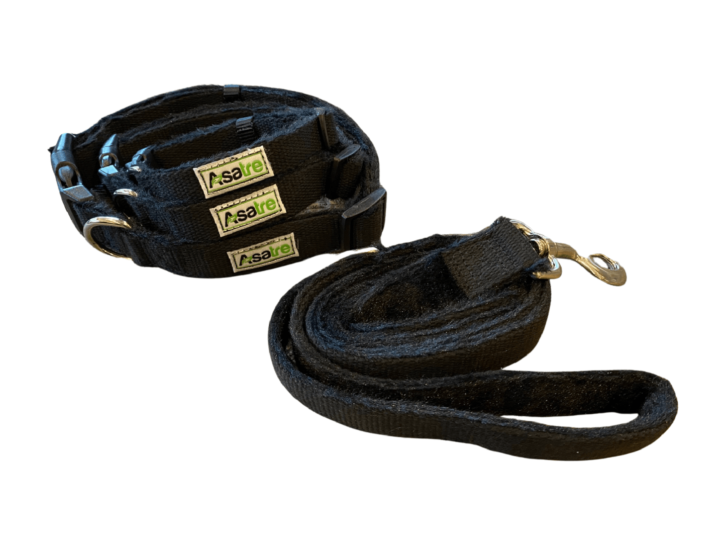 Black hemp dog collar and leash set with fleece lining and chrome D-ring by Asatre