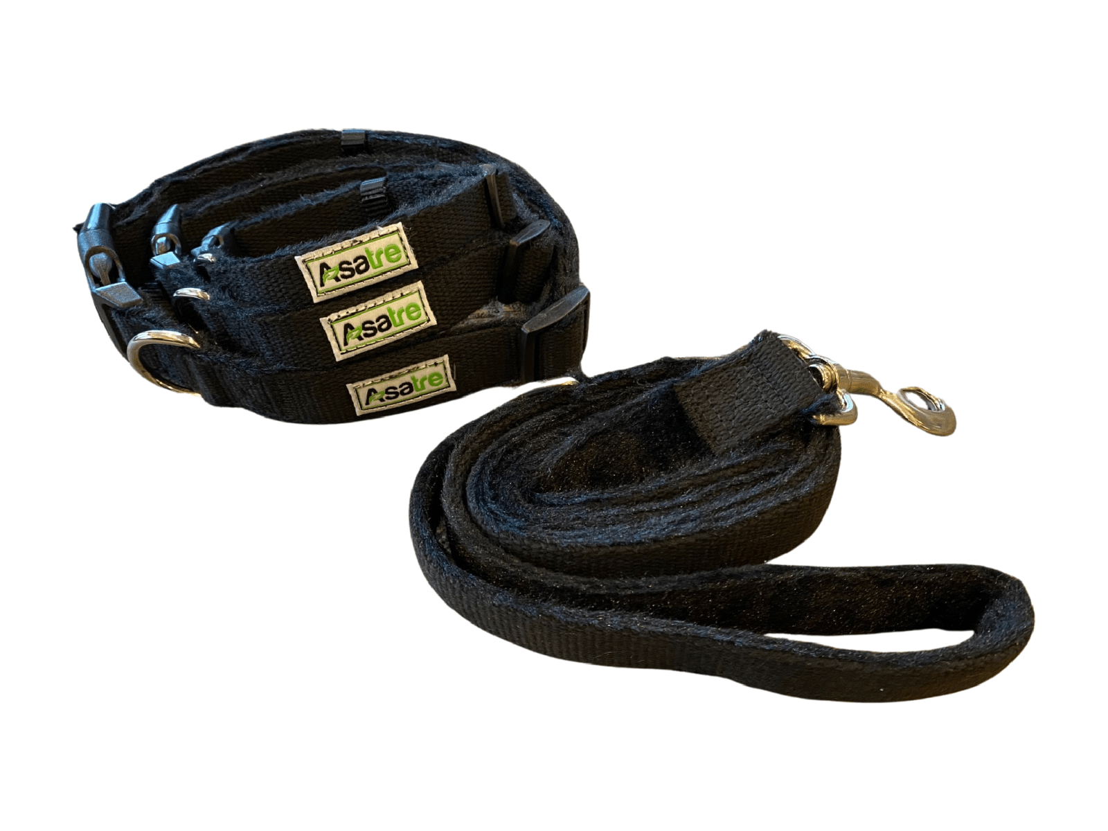 Black hemp dog collar and leash set with fleece lining and chrome D-ring by Asatre