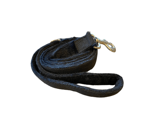 Hemp leash in black with fleece lining and chrome D-ring, durable and odor-resistant.