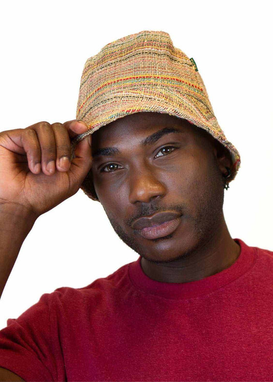 Man wearing multi-color stripe hemp bucket hat Ansley with red shirt