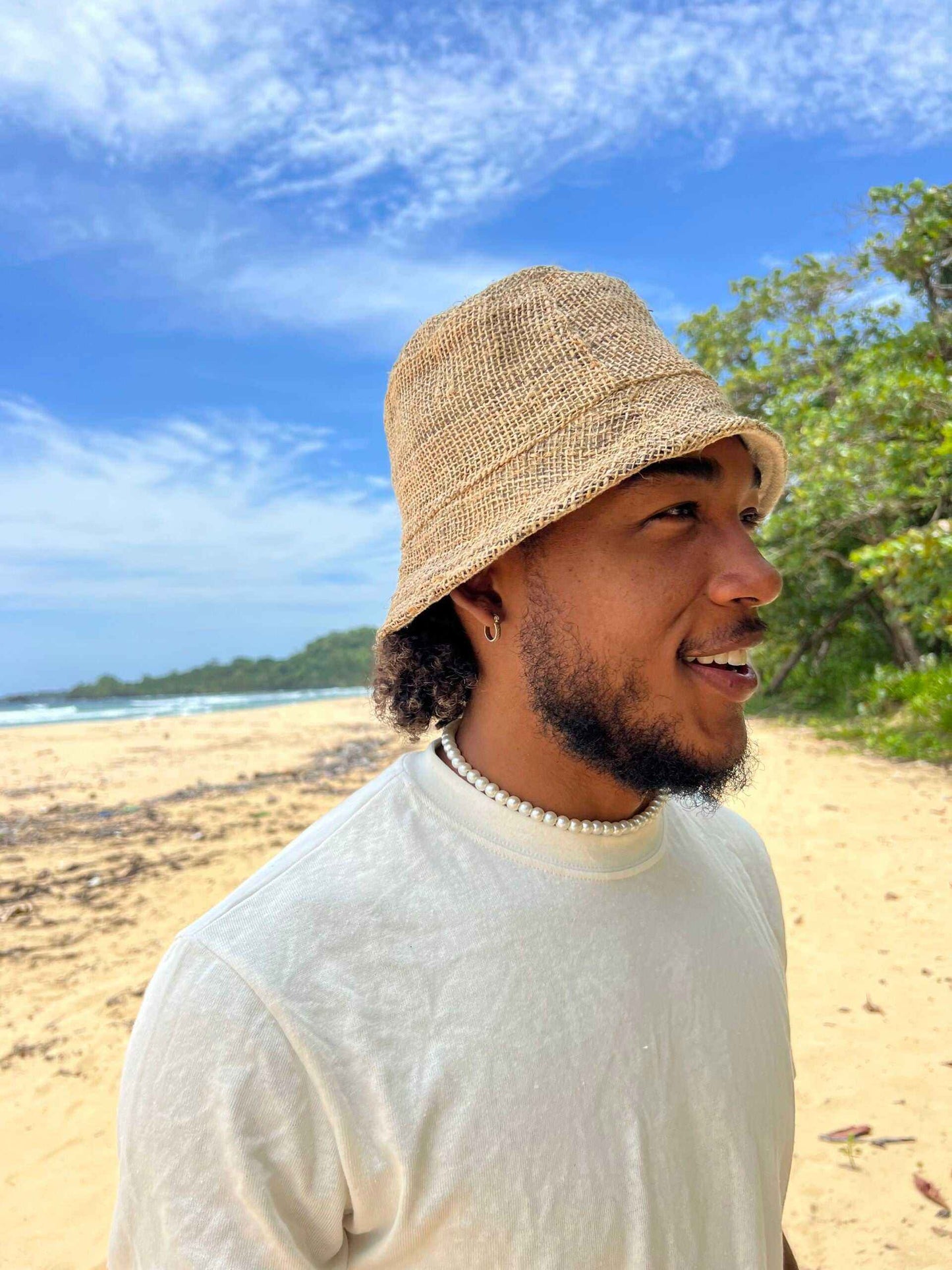 Natural hemp bucket hat perfect for summer outings at the beach or festival.