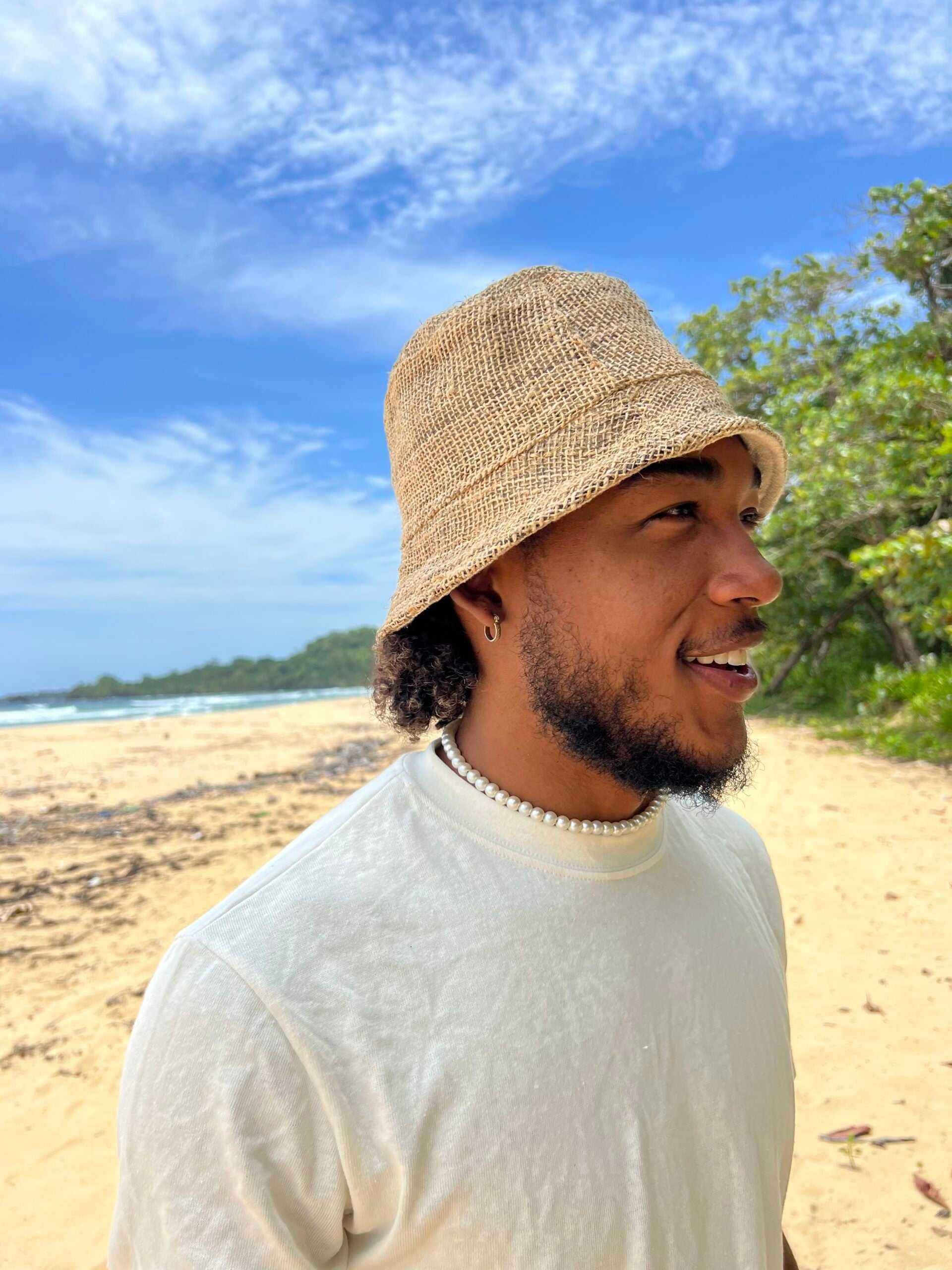Natural hemp bucket hat perfect for summer outings at the beach or festival.