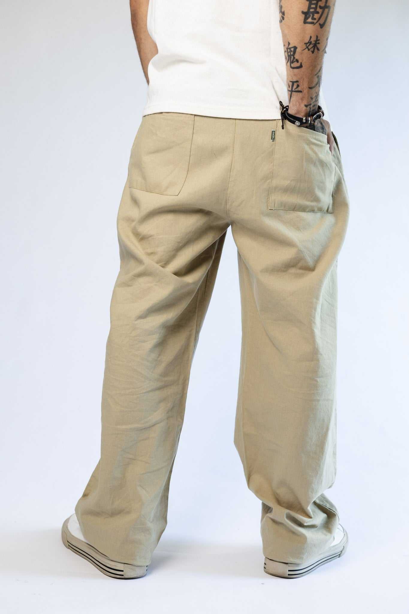 Unisex hemp linen and organic cotton pants, eco-friendly, relaxed fit, taupe color.