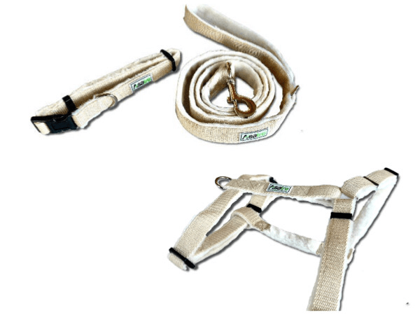 Hemp dog harness, collar, and leash set in beige, eco-friendly and durable.