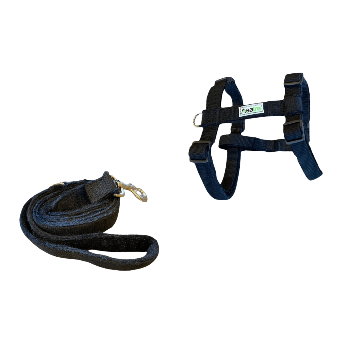 Black hemp dog harness and leash set with adjustable straps and rust-proof chrome D-ring