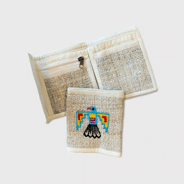 Handmade Himalayan hemp bi-fold wallet with colorful embroidered bird design and zipper compartment