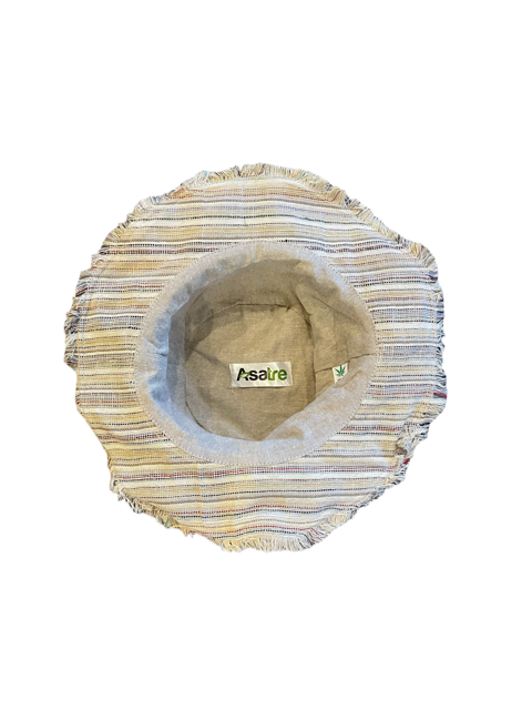 Hemp Linen Sun Hat with wide brim and neutral stripes, eco-friendly and breathable.