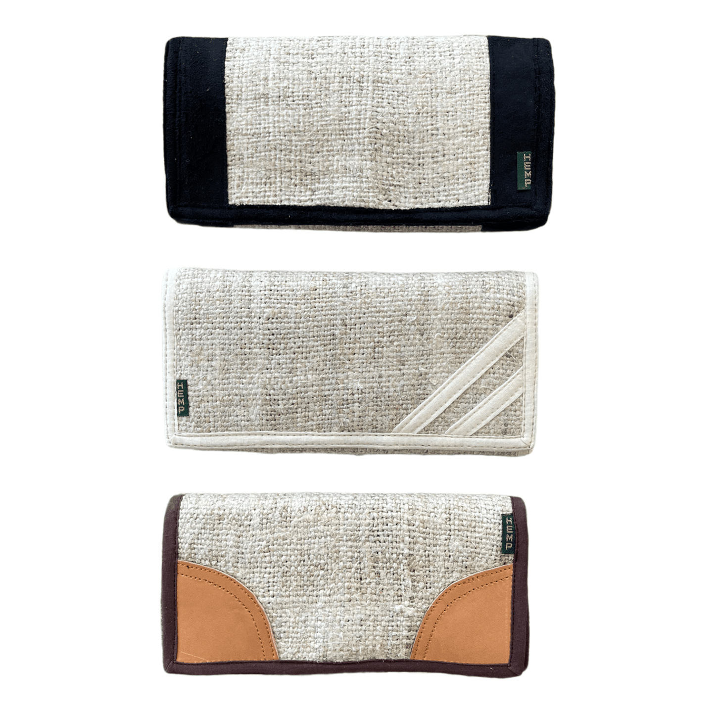 Handmade Himalayan hemp wallet trio in natural, black, and brown corner designs with zippered compartments