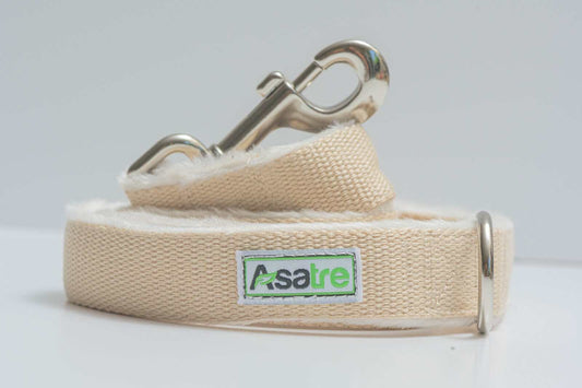 Beige hemp dog leash with fleece lining and chrome D-ring by Asatre