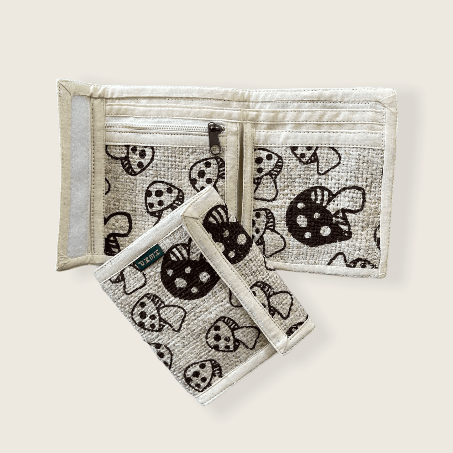 Himalayan handmade hemp bi-fold wallet with mushroom print.