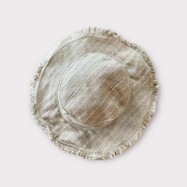 Hemp Linen Sun Hat in Neutral Stripe with wide brim and frayed edges.
