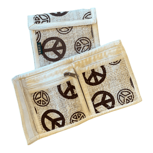 Hemp bi-fold wallet with peace symbol print, handmade from durable hemp fabric in Nepal, featuring multiple compartments and eco-friendly design