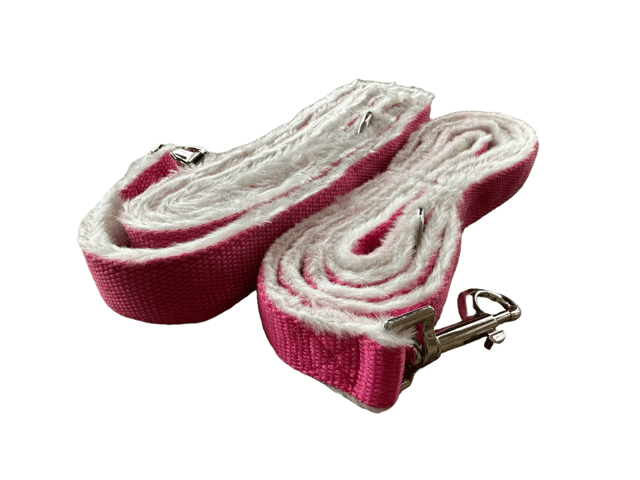 Pink leash with fleece lining and metal clasp, available in small or large size.