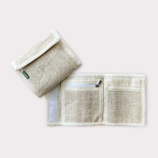 natural bi-fold hemp wallet with zipper and multiple compartments medium size handcrafted from Himalayan hemp