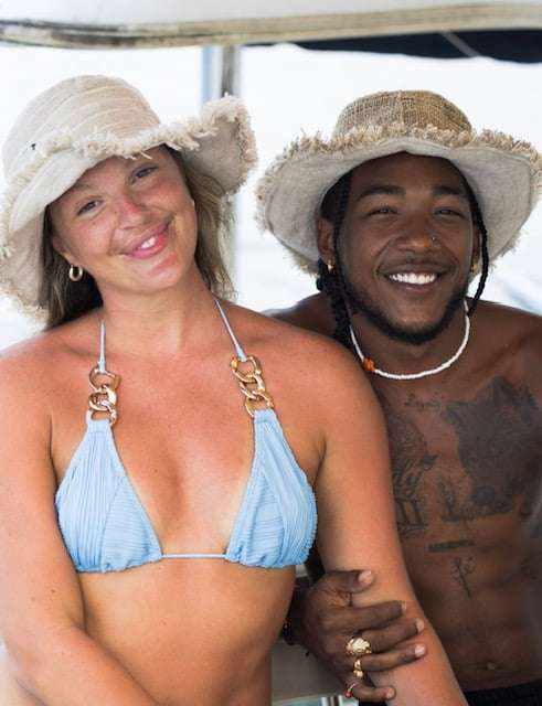 Hemp Linen Sun Hat with Neutral Stripe design worn by two people.