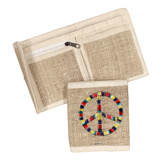 Eco-friendly Hemp Bi-fold Wallet with Rainbow Peace Symbol, handmade from Nepal hemp fabric