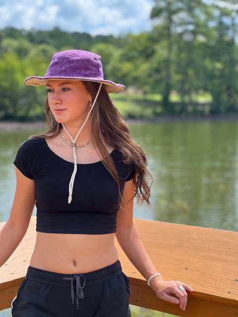 Hemp Sun Hat Safari Style Adjustable Chin Strap Secure Fit Beach Day Essential UV Protection Outdoor Hat Eco Friendly Material Sustainable Fashion Choice Windproof Chin Cord Design Vibrant Color Collection Navy Pink Purple Aqua Options Pool