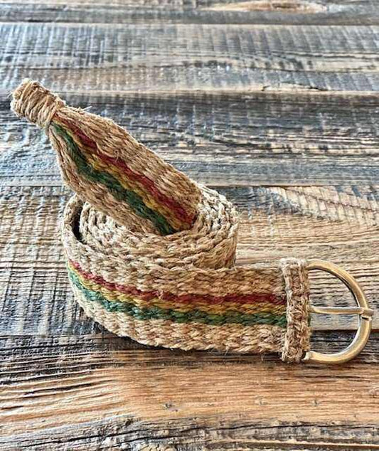 Handmade eco-friendly hemp Rasta belt with vibrant red, yellow, and green stripes woven by Himalayan artisans