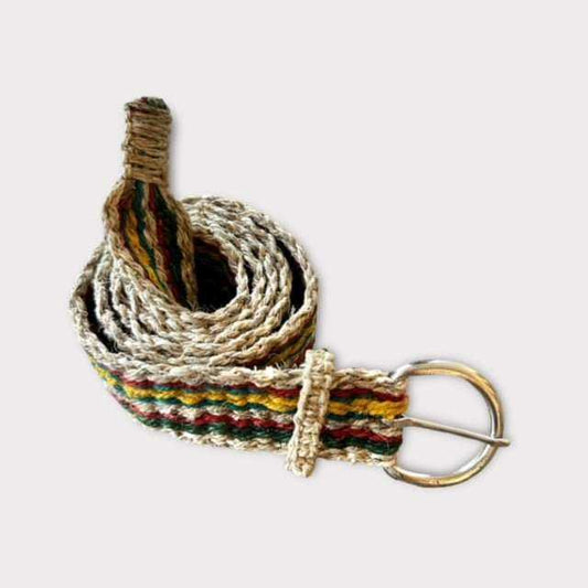 Handmade hemp belt with multi-colored stripes in red, yellow, green, and blue, featuring a traditional pin buckle.