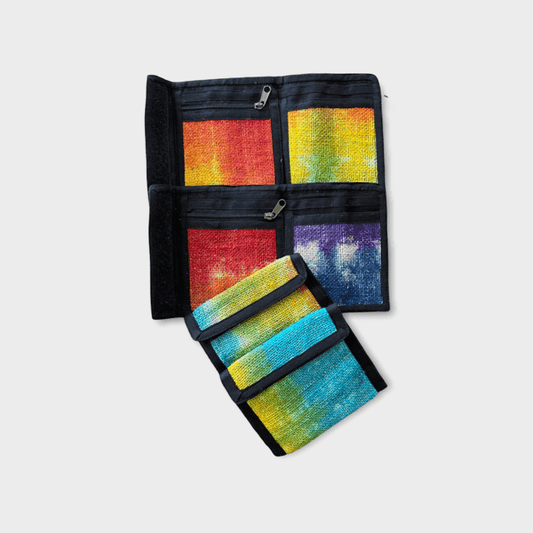Eco-friendly handmade hemp bi-fold wallet with colorful tie dye design and multiple compartments