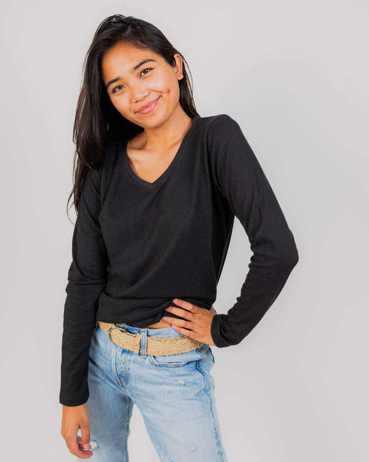 Hemp Shirt - Women's Long Sleeve V-neck Jersey Top|Asatre