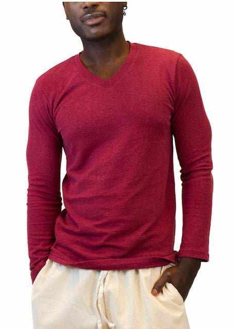 Men's burgundy hemp long sleeve V-neck shirt, soft eco-friendly fabric, urban fit.