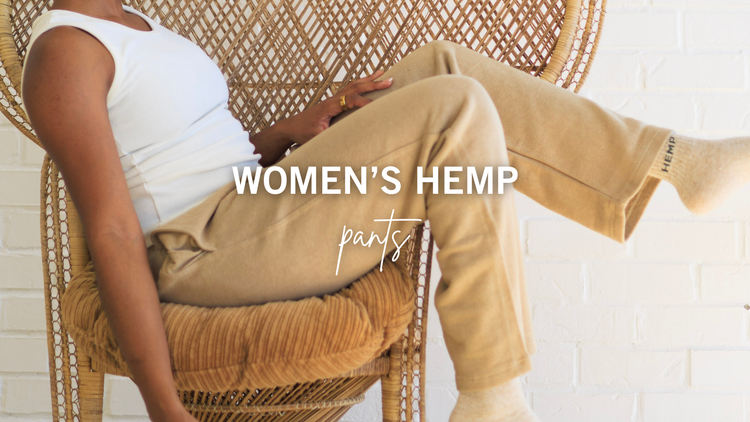 Women sitting on a wicker chair wearing taupe fleece pants.