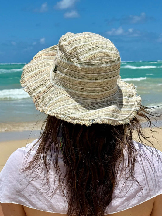 Eco-friendly hemp linen sun hat with wide brim, perfect for summer beach days.