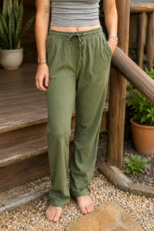 Unisex eco-friendly lounge pants made from hemp and organic cotton jersey with elastic waist and drawstring in black and olive colors